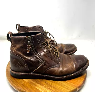 John Varvatos Barrett Boots Mens 10.5 M Side Zip Lace Up Distressed Shoes Brown • $110.99