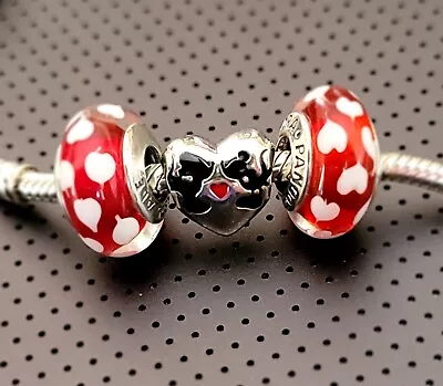 Set Of 3 New Pandora Minnie And Mickey Mouse Kiss And 2 Murano Hearts Charms • $69.99