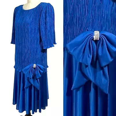 Vintage 80s After Dark Dress Womens 7-8 Blue Rhinestone Bow Flutter Sleeve • $35