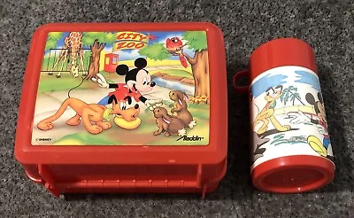 Vtg Aladdin Disney Mickey Mouse Pluto City Zoo Red Plastic Lunch Box & Thermos • $19.99