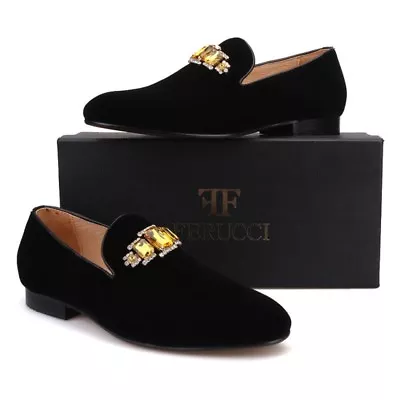 Men FERUCCI Black Velvet Slippers Loafers Flat With Gold Crystal Brooch • $127.49