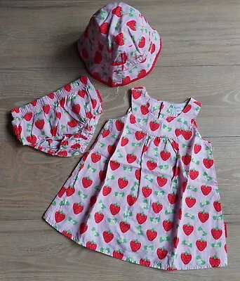 Toby Tiger Baby Girl Strawberries 🍓 Outfit Dress Pants Sunhat Set 6-12M EUC • £12.95