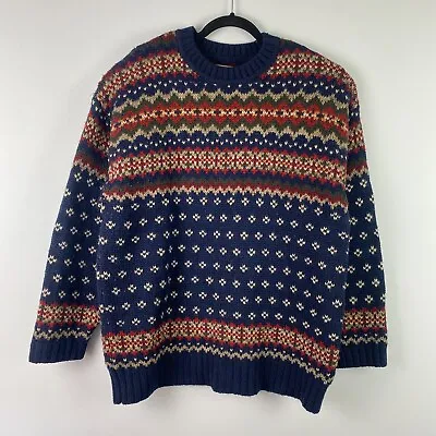 Vintage Abercrombie & Fitch Big Sweater Mens L 100% Wool Fair Isle Navy Crew • $39.95