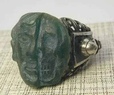 Antique Ring Memento Mori Skull Sterling Silver 84 Enamel Life & Death Hardstone • $250
