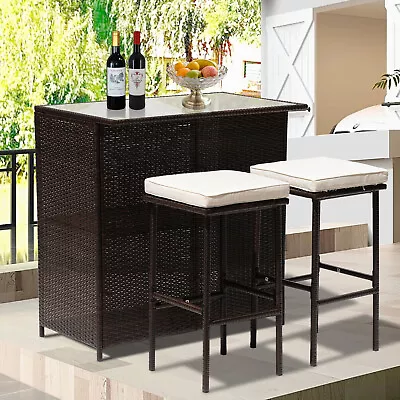 3 Pcs Patio Bar Set Outdoor Wicker Bistro Set Table & Stools For Patio Backyard • $153.47