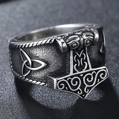 Mens Stainless Steel Norse Viking Thor's Hammer Wolf Head Ring Warrior's Gothic • $8.99