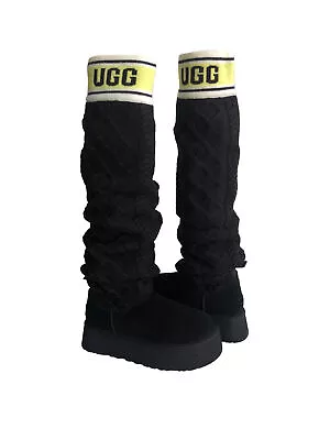 UGG CLASSIC SWEATER LETTER TALL BLACK PLATFORM KNIT BOOT Sz US 10 / EU 41 / UK 8 • $179