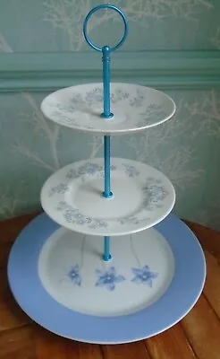 3 Tier Cake Stand Part Mismatched Blue & Floral Plates Metallic Blue Fittings • £6.99
