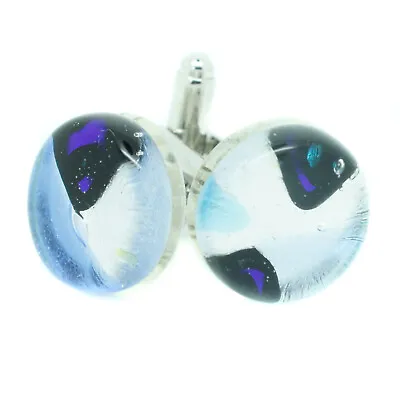 Murano Glass Cufflinks Circular Silver Blue Venice Wedding • £14.95