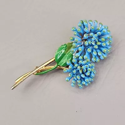 Flower Brooch Vtg Blue Enamel Gold Tone Green Tipped Chrysanthemum Pin 2.75  • $22