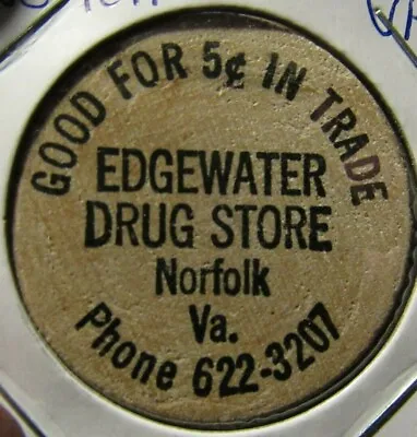 $5.99 • Buy Vintage Edgewater Drug Store Norfolk, VA Wooden Nickel - Token Virginia