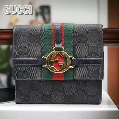 Authentic Gucci Wallet GG Sherry Line Canvas Leather Interlocking Black G18 • £159.08
