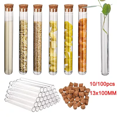 10/100x Clear Plastic Test Tube With Wooden Cork Stopper Wedding Favors 13*100mm • $8.88