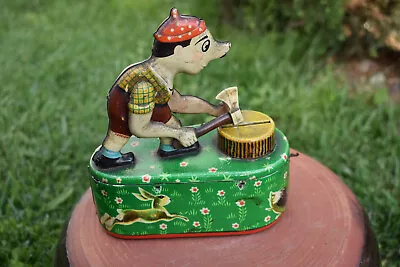 INTAGE TIN TOY MECHANICAL COIN BANK HOUSE FOREIGN MONEY BOX WOODCUTTER 1950's • $28