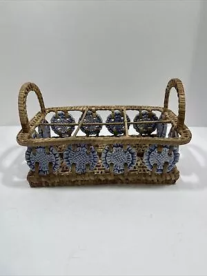 Stunning Vintage Hand Woven Basket With Blue Handmade Ceramic Glazed Tiles • $47.99
