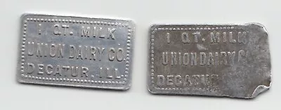 Pair Of Union Dairy Co. 1 Quart Milk Dairy Trade Tokens Long Decatur Illinois 6 • $5.99