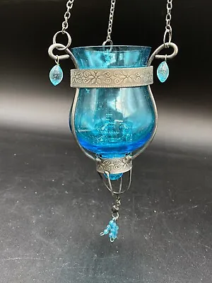 Moroccan Style Lantern Tea-Light Lamp Blue Glass Candle Holder Hanging 25” • $26.99