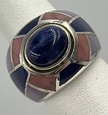 Sterling Silver 925 Inlaid Lapis Lazuli Chalcedony Dome Band Ring Size 6 • $44.97