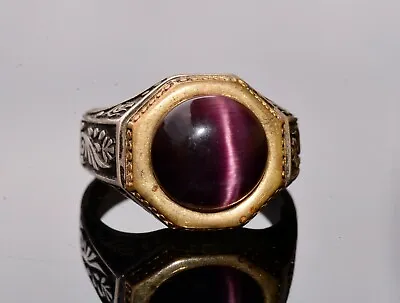 925 Sterling Silver Men Ring Amethyst Cats Eye Byzantine Empire  • $84.55