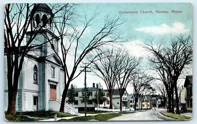 NORWAY Maine ME ~ Street Scene UNIVERSALIST CHURCH 1910s Oxford County Postcard • $6.78