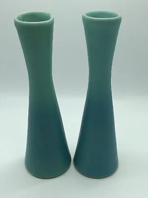 Pair Of Van Briggle Ming Turquoise Early 60’s Deco Style 9 Inch Vases In Perfect • $395