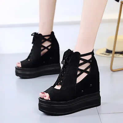 Womens Peep Toe Ankle Strap Shoes Sandals High Heels Platform Wedge Casual Party • $33.11