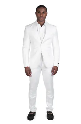 Slim Fit Solid White Mens Linen Suit 2 Button Notch Lapel Flat Pants AZAR MAN • $139