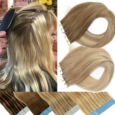 100G Tape In Hair Extensions Remy Human Hair Full Head Straight Balayage 12 -24  • $32.35