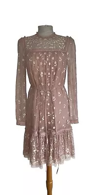 Needle & Thread Sz 6 Dusky Pink Embroidered Lace Lined L/s Dress • £95