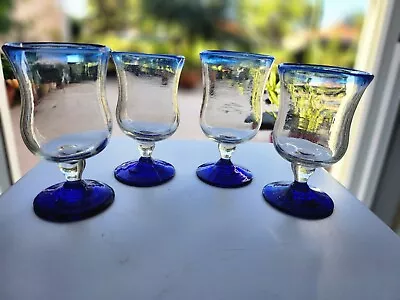 4 Mexican Cobalt Blue Rim & Base Hand-Blown Bubble Glass Goblets /Wine Glasses • $15