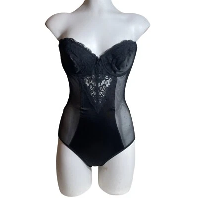 $25 • Buy 70s Vintage Va Bien Black Strapless Boned Low Back Padded Cup Bodysuit Size 34B