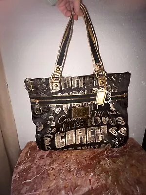 $89 • Buy Coach Poppy Black/Gold Metallic Story Patch Glam Bag Tote 15301 Rare