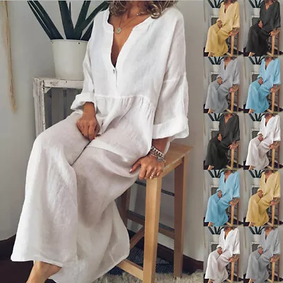 Spring Women Cotton Linen V Neck Baggy Kaftan Maxi Dress Loose Long Sleeve Dress • $27.09