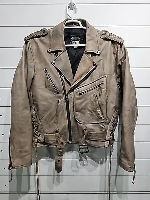 Vtg Highway One Leather Motorcycle Biker Cafe Racer Biker Jacket Tan Mens Large • $159.95