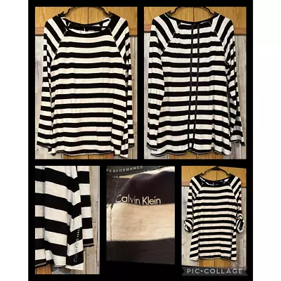 Calvin Klein Womens Performance Top Shirt Black Striped Long Sleeve Stretch M • $14.99