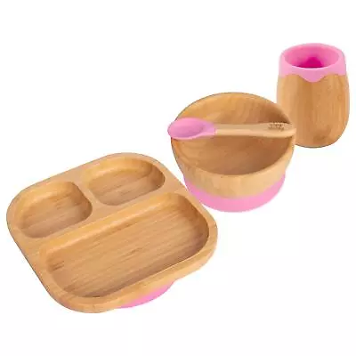 4pc Tiny Dining Pink Divided Bamboo Baby Feeding Set Weaning Plate Bowl Spoon • £23