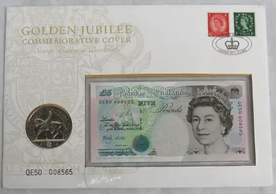 2002 U.k. Queens Golden Jubilee 2002 5 Pound Coin & 1990 Bank Note Set • $75