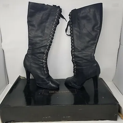 Colin Stuart X Victoria Secret Knee High Lace Up Black Leather Boots Womens 9 • $129.99