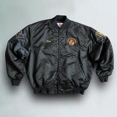 Vintage Game Sportswear Satin Bomber Jacket 90s Black Mens 2XL LI NY Fire Dept • $36.77