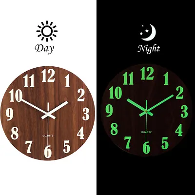 £10.95 • Buy 30cm Wall Clock Luminous Glow In The Dark Quartz Wood Effect Clock Home Decor