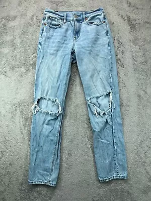 American Eagle 90s Straight Jeans Womens 0 Blue Denim Light Distressed Mid Rise • £26.49