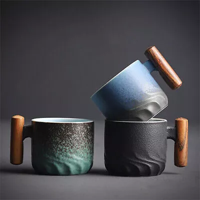 Handmade Retro Ceramic Wooden Handle Coffee Mugs Tea Cups Latte Cups Hot Drinks • £8.61