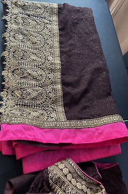 Gorgeous Evening Wear Embroidered Contrasting Border Saree W/ Two Blouses • $22.49