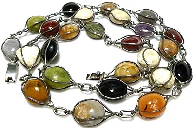 Sterling Silver Mexico Cjc Mixed Stone Wire Wrapped Heavy Chain Necklace 36.5  • $300
