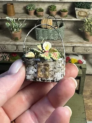 Dollhouse Miniature Primitive Rustic Basket With Plant/flower 1:12 • $22