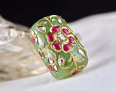 Finest Mughal Colombian Emerald Cabochon Gemstone Ruby & Diamond In 22k Gold • $6000