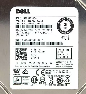 Dell 14X4H 3TB 7.2K RPM SAS 6Gbs 3.5  Hard Drive MG 03 SCA 300 W/ Caddy • $24.49