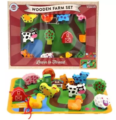 Wooden Farm Animals Play Set 18 Months Toddler Kids Toy Game Learning • £9.40