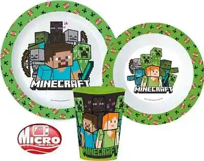 Minecraft Boys Kids 3 Piece Plate Bowl Cup Set Dinner Breakfast Set • £10.49