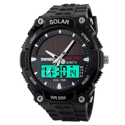 Mens Womens Solar Power Dual Time Sport Outdoor Military Waterproof Wrist Watch • $25.55